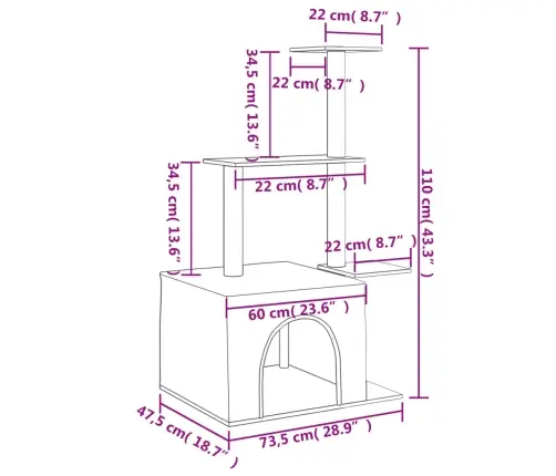 Kaķu Māja Ar Sizala Stabiem Nagu Asināšanai, 110 Cm, Pelēka Vidaxl