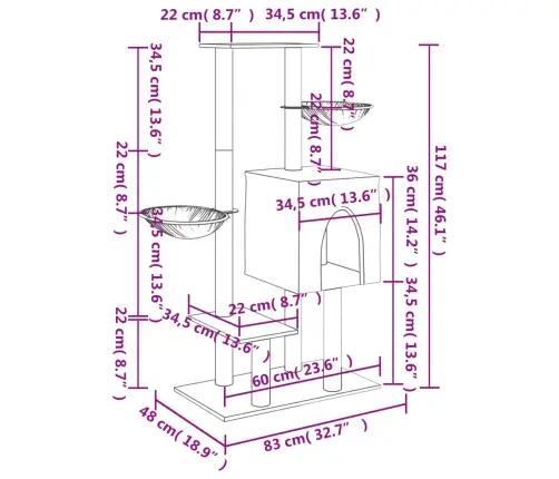 Kaķu Māja Ar Sizala Stabiem Nagu Asināšanai, 117 Cm, Krēmkrāsas Vidaxl