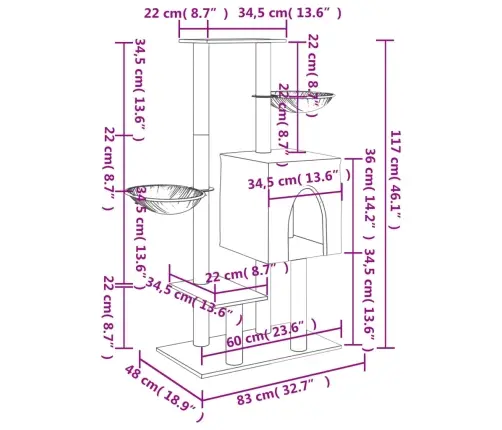 Kaķu Māja Ar Sizala Stabiem Nagu Asināšanai, 117 Cm, Pelēka Vidaxl