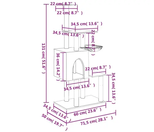 Kaķu Māja Ar Sizala Stabiem Nagu Asināšanai, 131 Cm, Pelēka Vidaxl