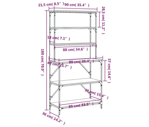 Virtuves Plaukts, 6 Līmeņi, Pelēka Ozola, 90X40X180 Cm, Koks Vidaxl