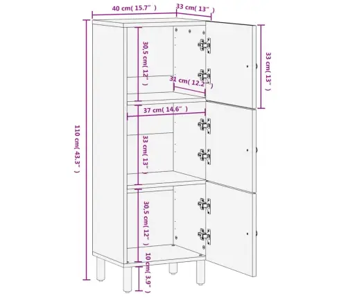Augstais Skapītis, 40X33X110 Cm, Melns, Mango Masīvkoks Vidaxl