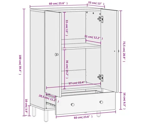 Augstais Skapītis, 60X33X100 Cm, Melns, Mango Masīvkoks Vidaxl