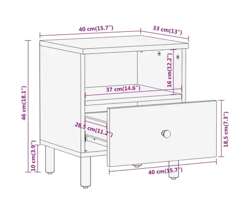 Naktsskapītis, 40X33X46 Cm, Mango Masīvkoks Vidaxl