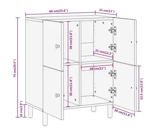 Skapītis, 60X33X75 Cm, Mango Masīvkoks Vidaxl