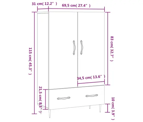 Komoda, Pilkos Ąžuolo Spalvos, 69,5X31X115cm Apdirbta Mediena