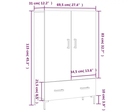 Kõrge Kapp, Kõrgläikega Valge, 69,5 X 31 X 115 cm Tehispuit