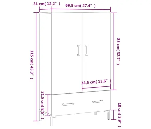Augstais Skapītis, Pelēks, 69,5X31X115 Cm, Inženierijas Koks Vidaxl