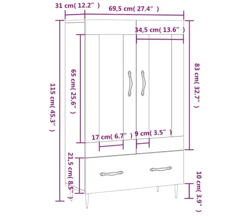 Augstais Skapītis, Pelēks, 69,5X31X115 Cm, Inženierijas Koks Vidaxl