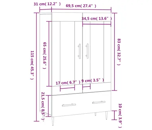 Augstais Skapītis, Balts, 69,5X31X115 Cm, Inženierijas Koks Vidaxl