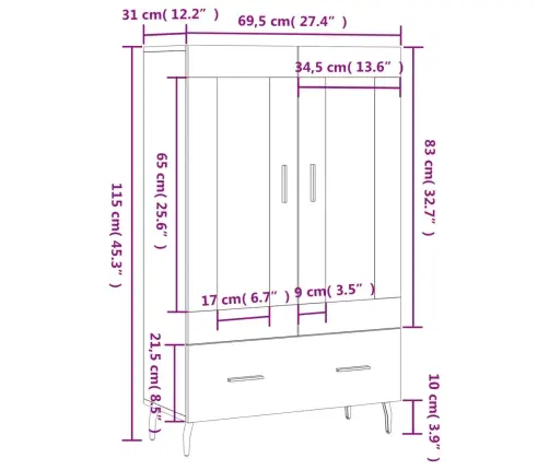 Komoda, Betono Pilkos Spalvos, 69,5X31X115cm Apdirbta Mediena