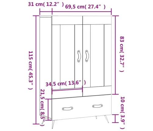 Augstais Skapītis, Ozolkoka, 69,5X31X115 Cm, Inženierijas Koks Vidaxl