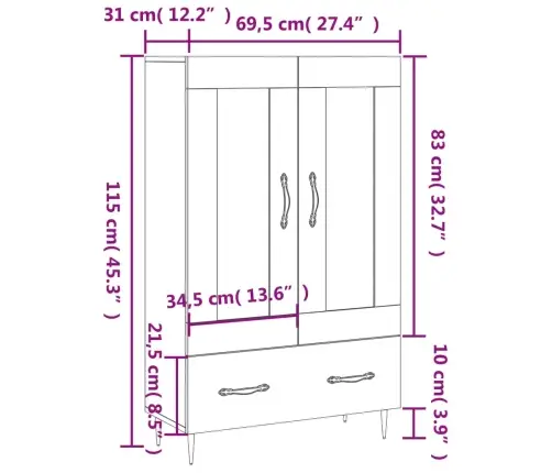 Augstais Skapītis, Balts, 69,5X31X115 Cm, Inženierijas Koks Vidaxl