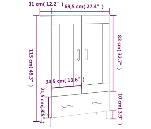 Komoda, Dūminio Ąžuolo Spalvos, 69,5X31X115cm Apdirbta Mediena