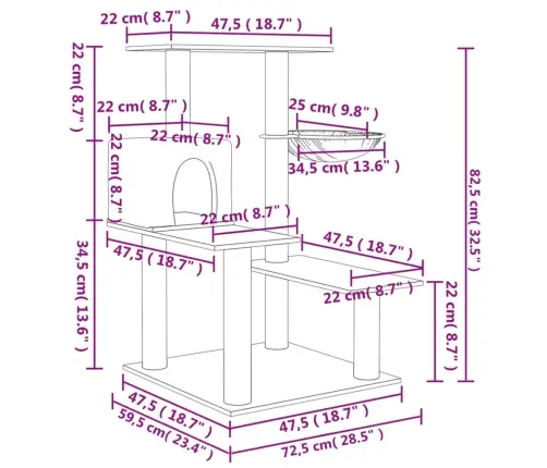 Kassimaja Sisalköitega Kraapimispostidega, Helehall, 82,5 Cm
