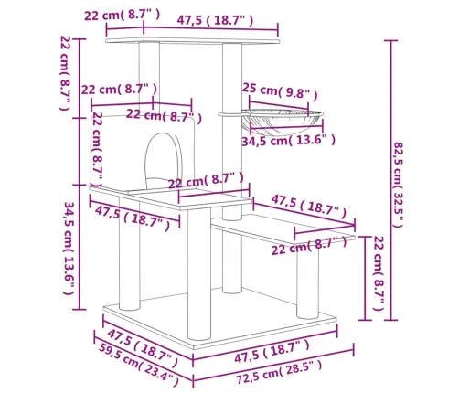 Kassimaja Sisalköitega Kraapimispostidega, Tumehall, 82,5 Cm