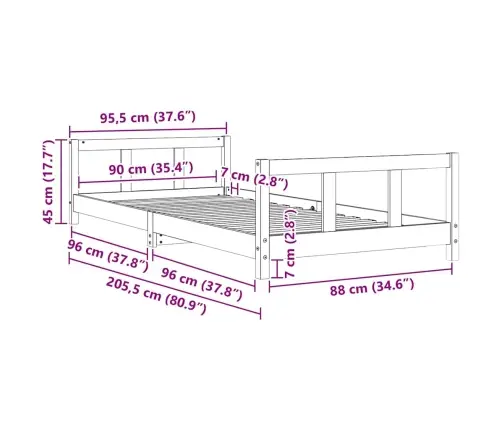 Bērnu Gultas Rāmis, Balts, 90X200 Cm, Priedes Masīvkoks Vidaxl