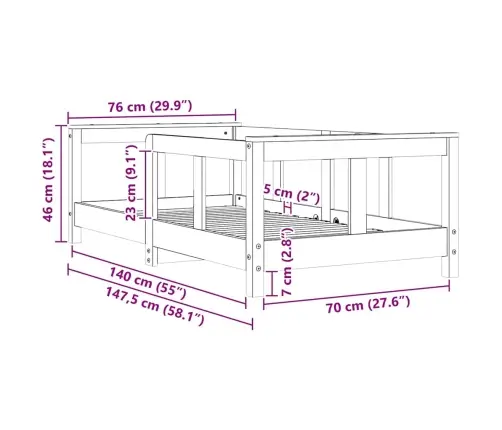 Bērnu Gultas Rāmis, Priedes Masīvkoks, 70X140 Cm, Balts Vidaxl