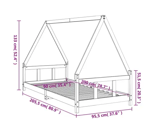 Bērnu Gultas Rāmis, Melns, 90X200 Cm, Priedes Masīvkoks Vidaxl