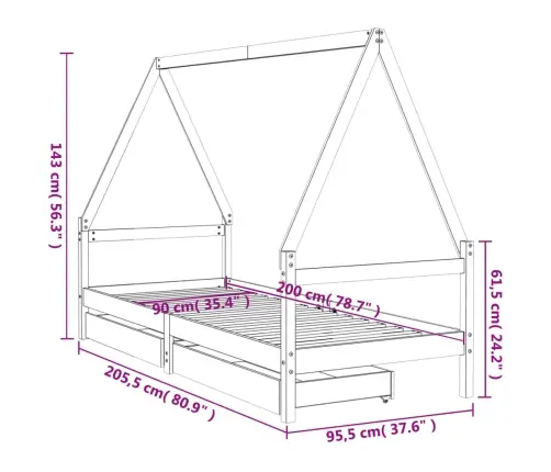 Bērnu Gultas Rāmis Ar Atvilktnēm, Melns, Priedes Masīvkoks Vidaxl