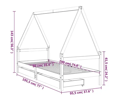 Bērnu Gultas Rāmis Ar Atvilktnēm, 90X190 Cm, Priedes Masīvkoks Vidaxl