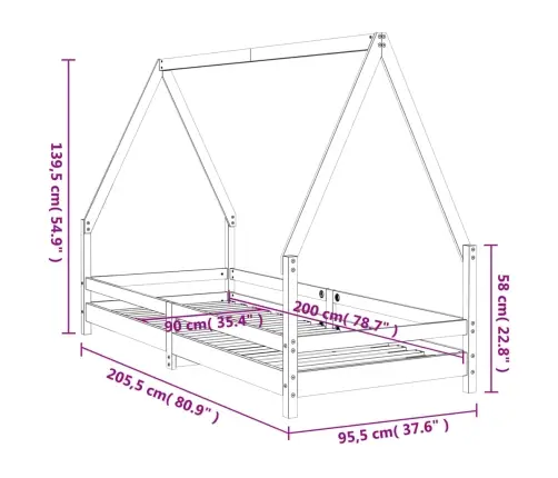 Lastevoodi Raam, Must, 90 X 200 cm Männipuit