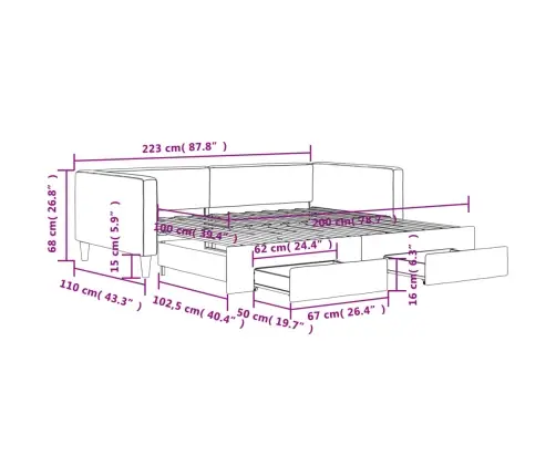Izvelkams Dīvāns Ar Atvilktnēm, Gaiši Pelēks, 100X200Cm, Audums Vidaxl