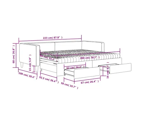 Lova Su Ištraukiama Dalimi/Stalčiais, Pilka, 90X200cm Audinys