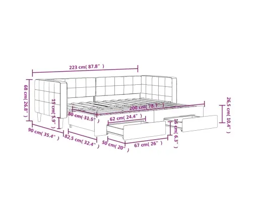 Lova Su Ištraukiama Dalimi/Stalčiais, Rožinė, 80X200cm Aksomas