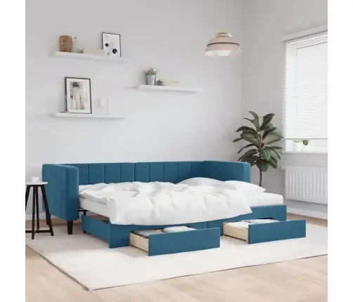 Lova Su Ištraukiama Dalimi/Stalčiais, Mėlyna, 80X200cm Aksomas