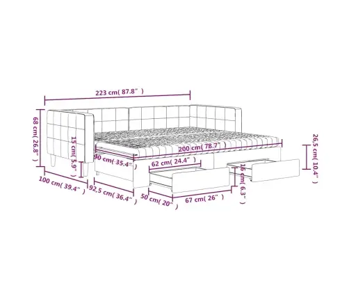 Diivanvoodi Väljatõmmatav/Sahtlitega Tumehall 90X200 cm Samet