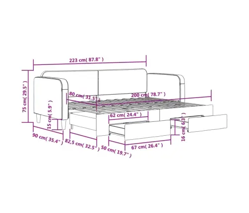 Izvelkams Dīvāns Ar Atvilktnēm, Melns, 80X200 Cm, Audums Vidaxl