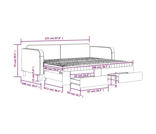Lova Su Ištraukiama Dalimi/Stalčiais, Pilka, 90X200cm Audinys