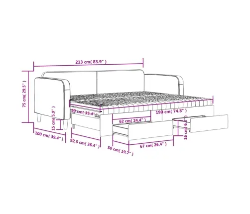 Lova Su Ištraukiama Dalimi/Stalčiais, Pilka, 90X190cm Audinys