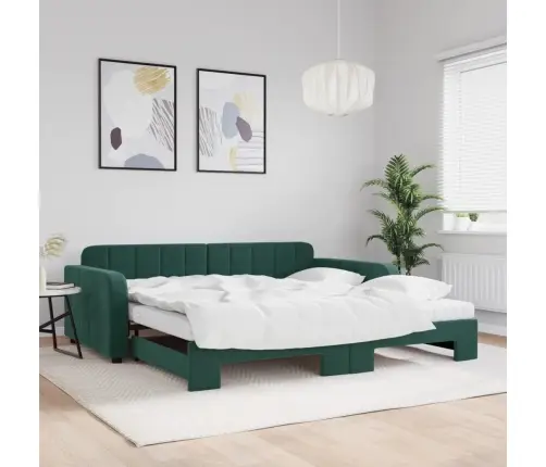 Izvelkams Dīvāns Ar Matraci, Tumši Zaļš, 100X200 Cm, Samts Vidaxl