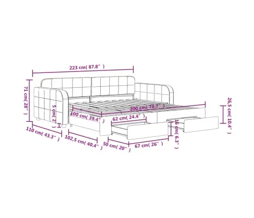 Lova Su Ištraukiama Dalimi/Stalčiais, Pilka, 100X200cm Aksomas