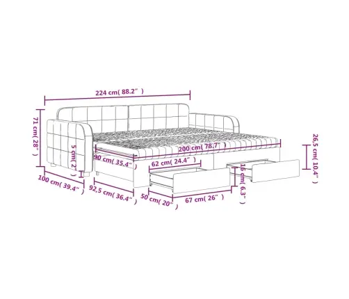 Izvelkams Dīvāns Ar Atvilktnēm, Tumši Pelēks, 90X200 Cm, Samts Vidaxl