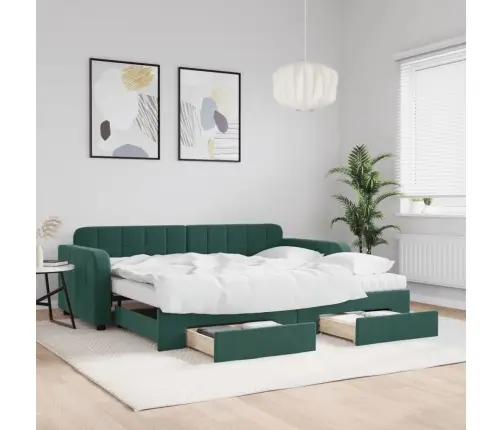 Izvelkams Dīvāns Ar Atvilktnēm, Tumši Zaļš, 90X200 Cm, Samts Vidaxl
