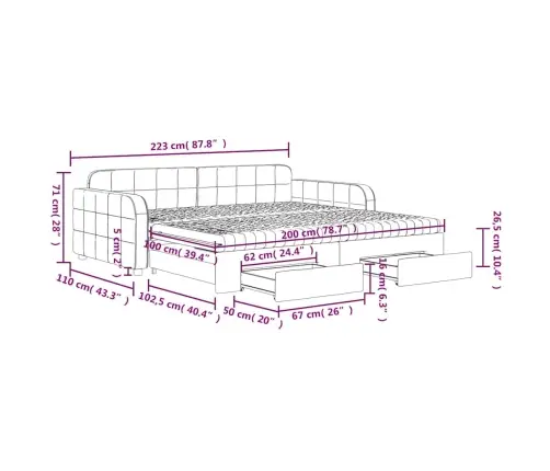 Izvelkams Dīvāns Ar Atvilktnēm, Dzeltens, 100X200 Cm, Samts Vidaxl