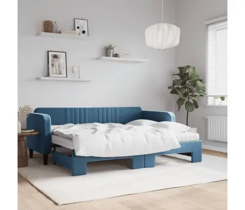 Lova Su Ištraukiama Dalimi/Čiužiniu, Mėlyna, 80X200cm Aksomas