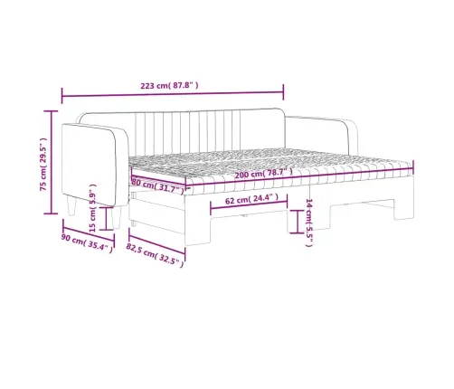 Lova Su Ištraukiama Dalimi/Čiužiniu, Pilka, 80X200cm Aksomas