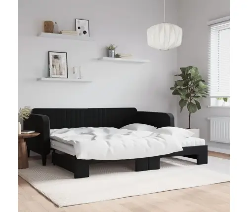 Lova Su Ištraukiama Dalimi/Čiužiniu, Juoda, 100X200cm Aksomas