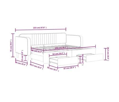 Lova Su Ištraukiama Dalimi/Stalčiais, Pilka, 80X200cm Aksomas