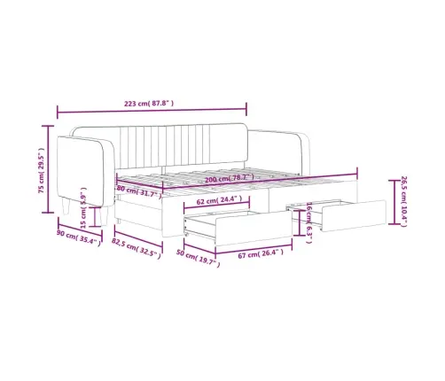 Izvelkams Dīvāns Ar Atvilktnēm, Melns, 80X200 Cm, Samts Vidaxl