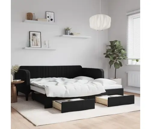 Lova Su Ištraukiama Dalimi/Stalčiais, Juoda, 90X190cm Aksomas