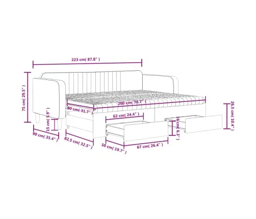 Lova Su Ištraukiama Dalimi/Stalčiais, Juoda, 80X200cm Aksomas