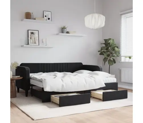 Lova Su Ištraukiama Dalimi/Stalčiais, Juoda, 80X200cm Aksomas