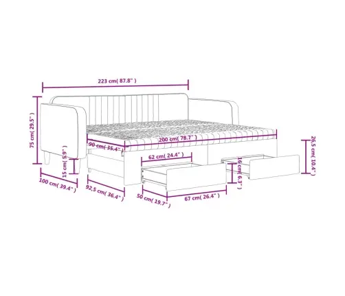 Izvelkams Dīvāns Ar Atvilktnēm, Gaiši Pelēks, 90X200 Cm, Samts Vidaxl