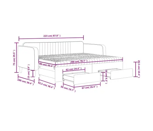 Diivanvoodi Väljatõmmatav/Sahtlitega Tumehall 90X200 cm Samet