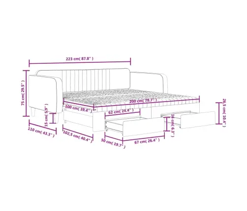 Izvelkams Dīvāns Ar Atvilktnēm, Zils, 100X200 Cm, Samts Vidaxl